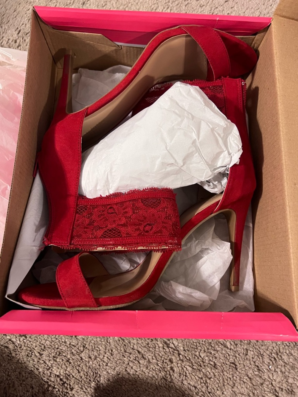 Charlotte Russe Red Lace & Suede Stiletto Heels